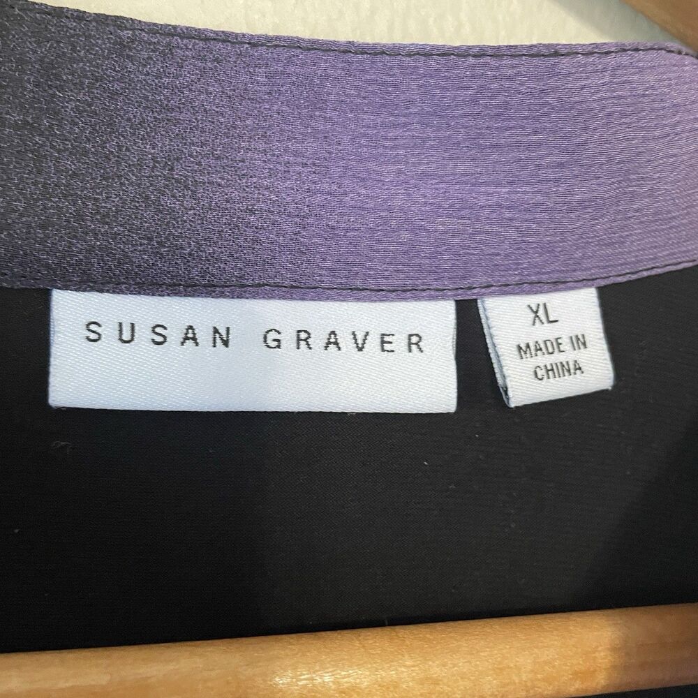 Susan Graver  Pintuck Sheer Popover Blouse XL Black Purple Floral Flowy Office - Picture 7 of 11